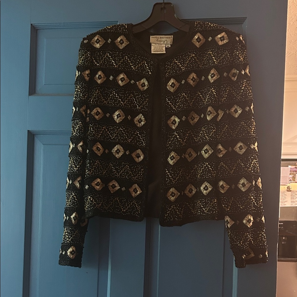 Papell Boutique Black and Gold beaded Patterned Blazer